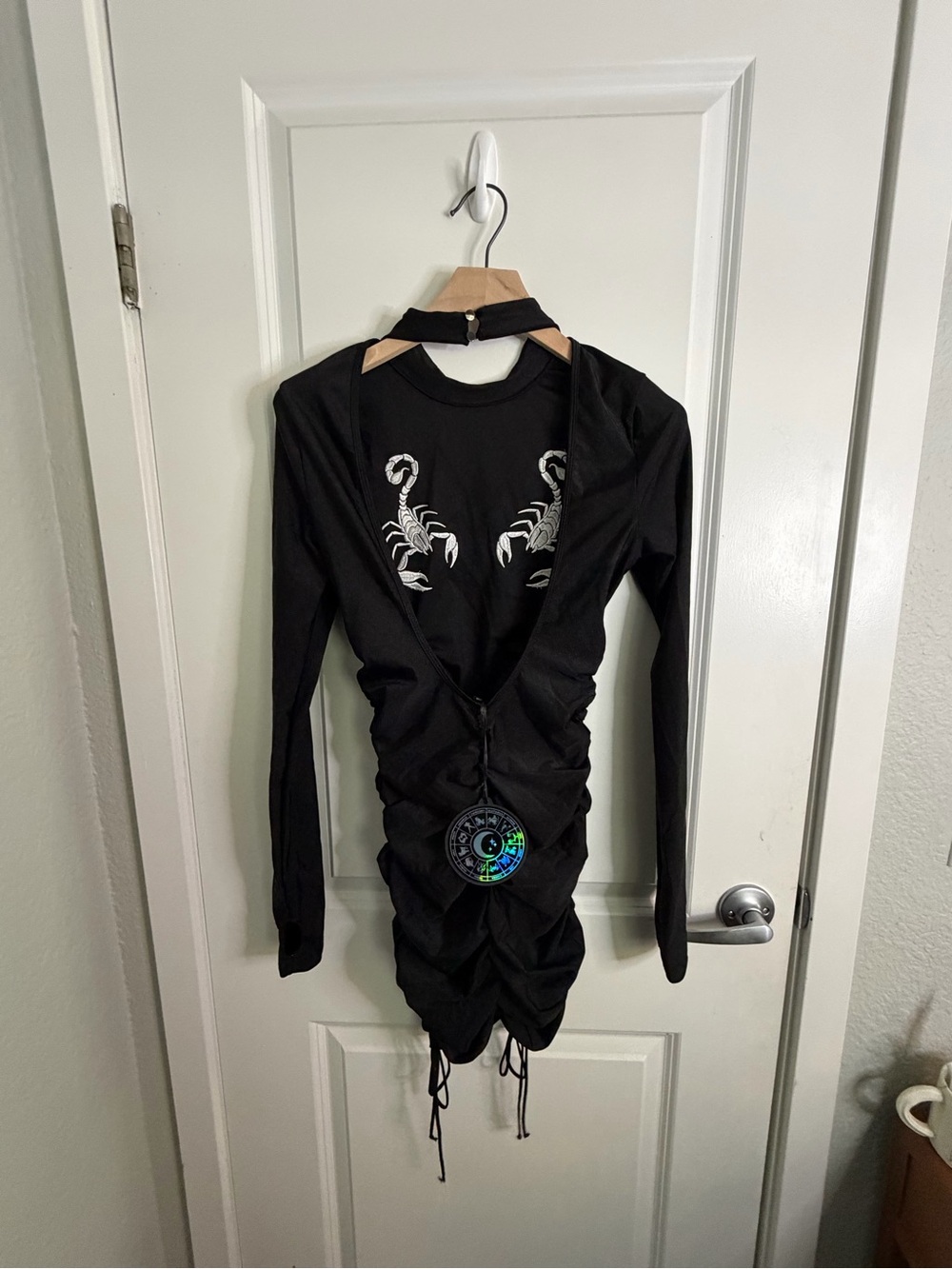 Dolls Kill Black Long-Sleeve Ruched Dress with Scorpion Graphic